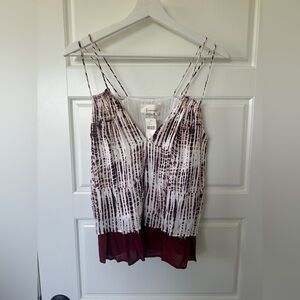 Anthropologie White and Brown Pleated Camisole with Spaghetti Straps